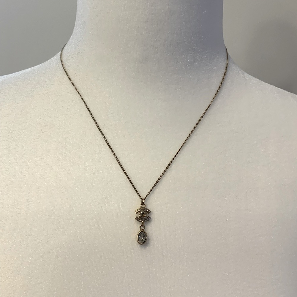 Chanel Gold Tone Crystal Drop Necklace, in original box, with Chanel ribbon